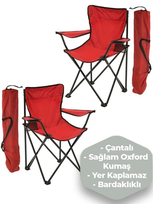 2 Adet KampSeti Çantalı Katlanır Kamp Sandalyesi Rejisör Kırmızı