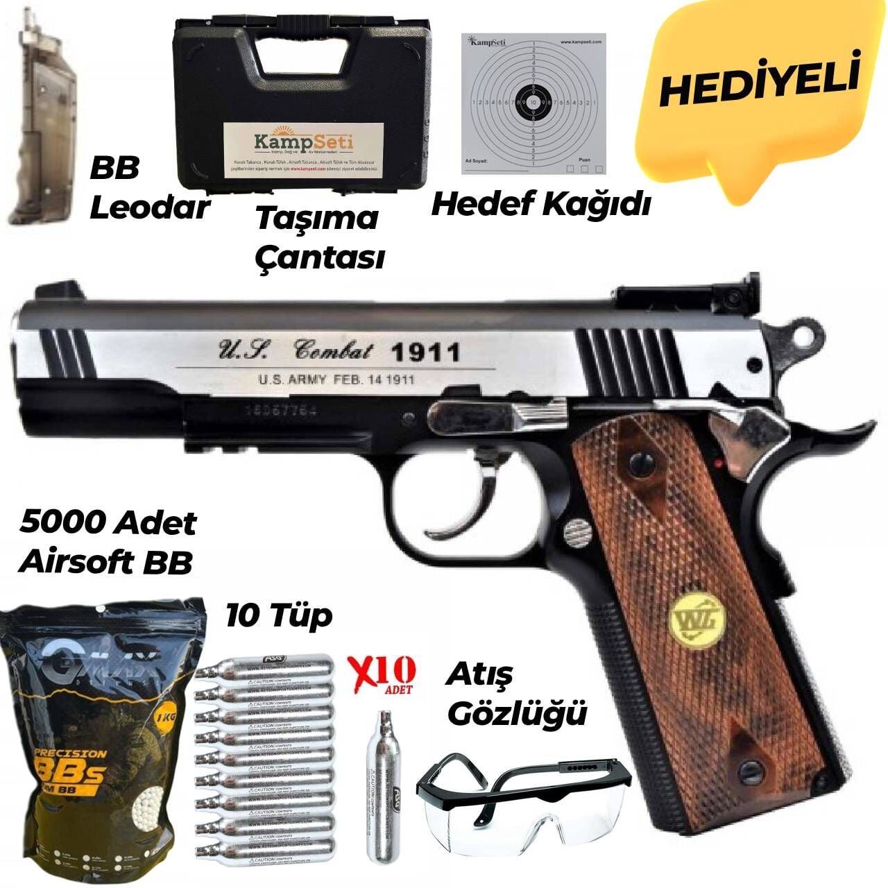 WinGun Blowbackli Full Metal Co2 Airsoft Tabanca (Siyah/Gümüş – Ahşap Kabza)