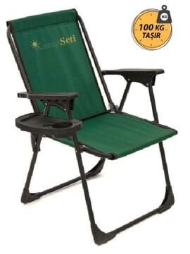 Kampseti Katlanır Kamp Sandalyesi - Yeşil Piknik Sandalyesi Bardaklıklı-M1