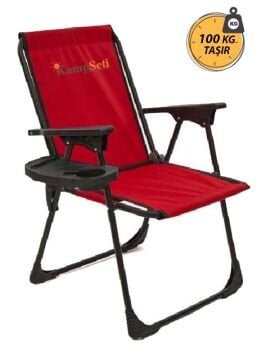 Kampseti Katlanır Kamp Sandalyesi - Kırmızı Piknik Sandalyesi Bardaklıklı-M1