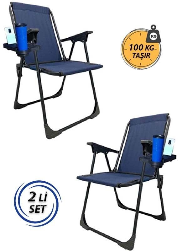 Kampseti 2 Adet Mavi Katlanır Kamp Sandalyesi - Plaj Piknik Sandalyesi Bardaklıklı M1