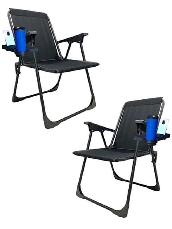 Kampseti 2 Adet Siyah Katlanır Kamp Sandalyesi - Plaj Piknik Sandalyesi Bardaklıklı M1