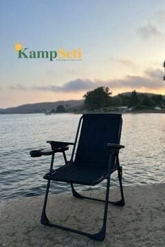 Kampseti 2 Adet Siyah Katlanır Kamp Sandalyesi - Plaj Piknik Sandalyesi Bardaklıklı M1