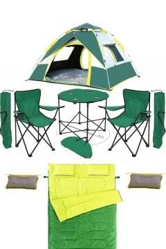 Kampseti Yeşil 3 Kişilik Çadır 2 Kişilik Uyku Tulumu 2 Yastık - 2 Kamp Sandalyesi ve Masa Seti