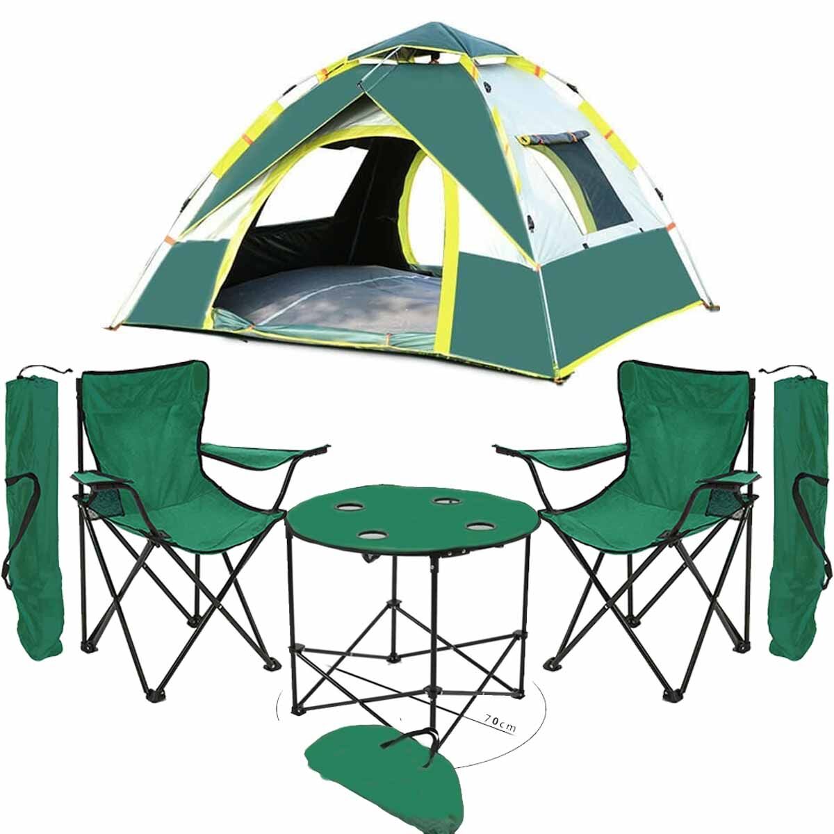 Kampseti Yeşil 3 Kişilik Çadır - 2 Kamp Sandalyesi ve Masa Seti