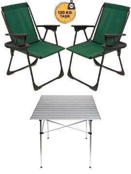 KampSeti 2 Adet Yeşil Kamp Sandalyesi-Kamp Masası Seti