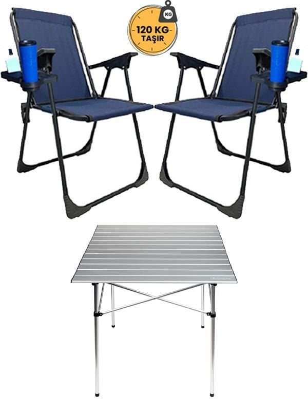 KampSeti 2 Adet Mavi Kamp Sandalyesi-Kamp Masası Seti