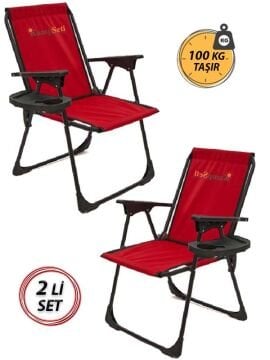 Kampseti 2 Adet Kırmızı Katlanır Kamp Sandalye ve Masa Seti-Taşınabilir Piknik Bahçe Sandalyesi-Masası