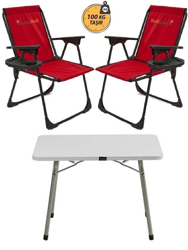 Kampseti 2 Adet Kırmızı Katlanır Kamp Sandalye ve Masa Seti-Taşınabilir Piknik Bahçe Sandalyesi-Masası