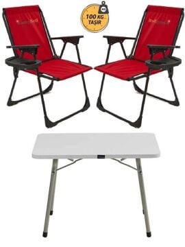 Kampseti 2 Adet Kırmızı Katlanır Kamp Sandalye ve Masa Seti-Taşınabilir Piknik Bahçe Sandalyesi-Masası