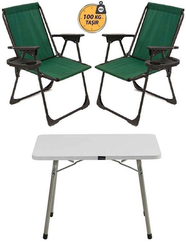 Kampseti 2 Adet Yeşil Katlanır Kamp Sandalye ve Masa Seti-Taşınabilir Piknik Bahçe Sandalyesi-Masası