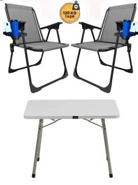 Kampseti 2 Adet Gri Katlanır Kamp Sandalye ve Masa Seti-Taşınabilir Piknik Bahçe Sandalyesi-Masası