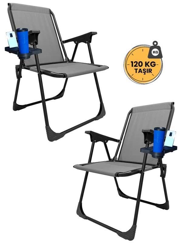 KampSeti 2 Adet Gri Kamp Sandalyesi-Kamp Masası Seti