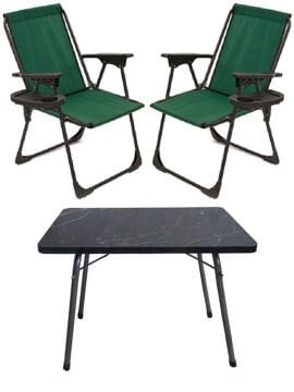 Kampseti 2 Adet Katlanır Kamp Sandalye Yeşil-Siyah ve Masa Seti-Taşınabilir Piknik Bahçe Sandalyesi-Masası