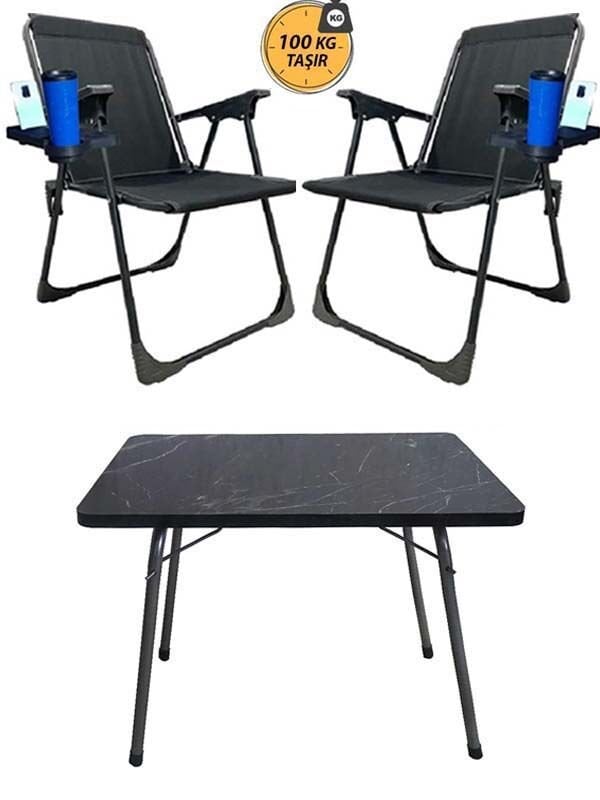 Kampseti 2 Adet Katlanır Kamp Sandalye Siyah ve Masa Seti-Taşınabilir Piknik Bahçe Sandalyesi-Masası