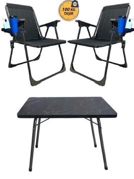 Kampseti 2 Adet Katlanır Kamp Sandalye Siyah ve Masa Seti-Taşınabilir Piknik Bahçe Sandalyesi-Masası