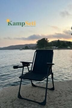 Kampseti 2 Adet Katlanır Kamp Sandalye Siyah ve Masa Seti-Taşınabilir Piknik Bahçe Sandalyesi-Masası