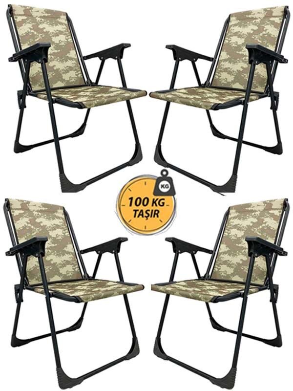 Kampseti 4 Adet Katlanır Kamp Sandalyesi-Kamuflaj-Taşınabilir Piknik Bahçe Sandalyesi