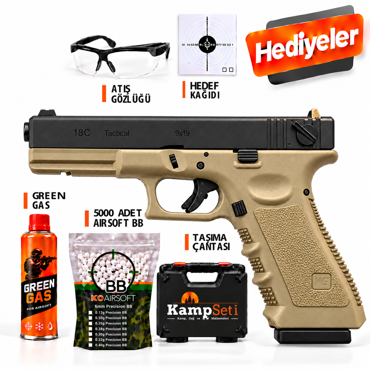 WE Glock 18C Gen 3 Blowback Airsoft Tabanca Tan/Siyah