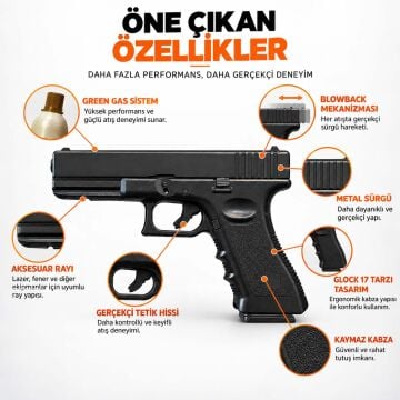 Vigor Glock 17 Metal Sürgülü Green Gas Blowback Airsoft Tabanca Siyah