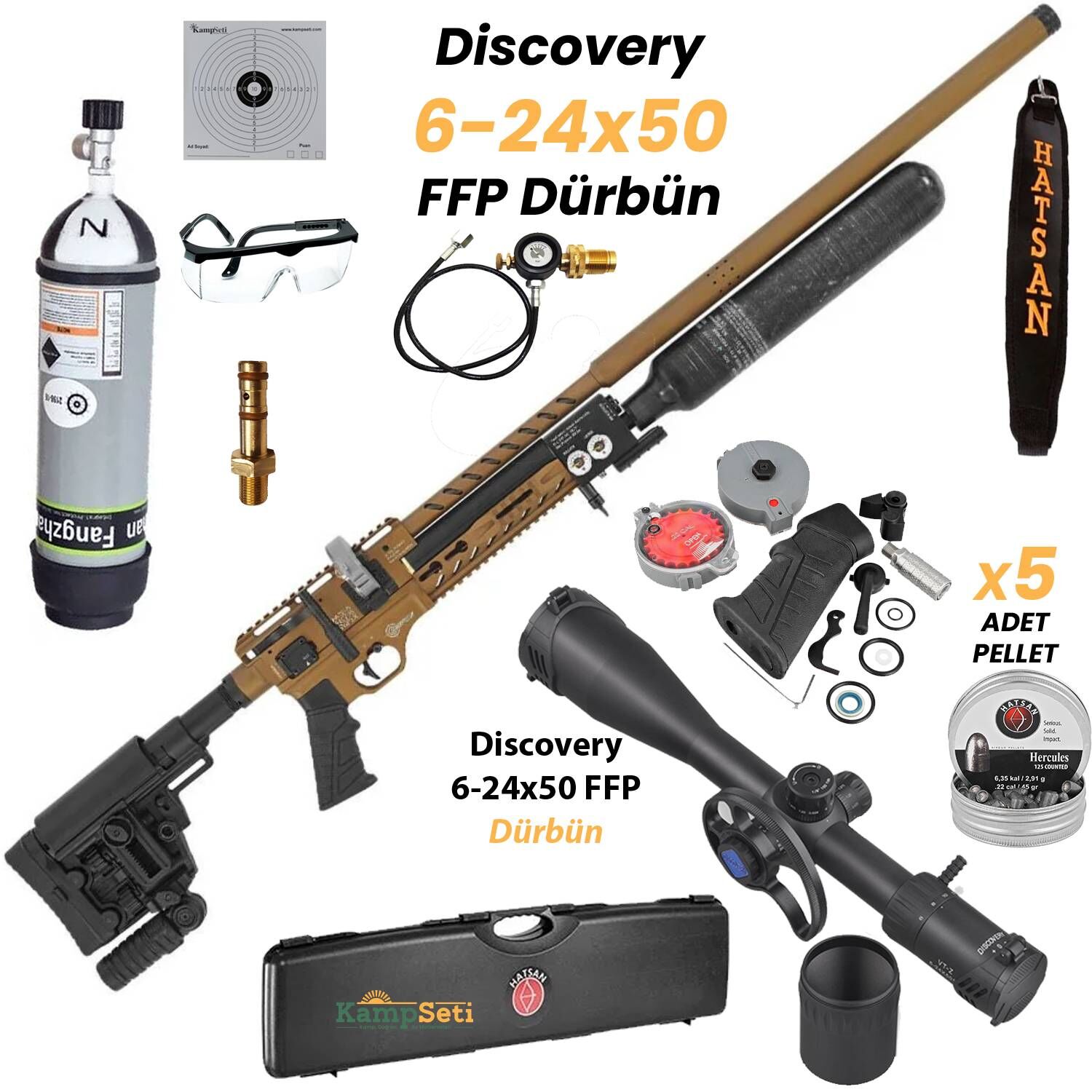 Hatsan Factor Sniper Long FDE 6.35mm Pro Set - Scuba Tüp & Discovery 6-24x50 Dürbünlü PCP Tüfek