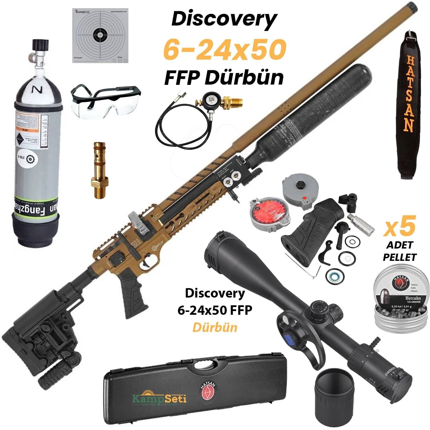 Hatsan Factor Sniper Long FDE 6.35mm Pro Set - Scuba Tüp & Discovery 6-24x50 Dürbünlü PCP Tüfek