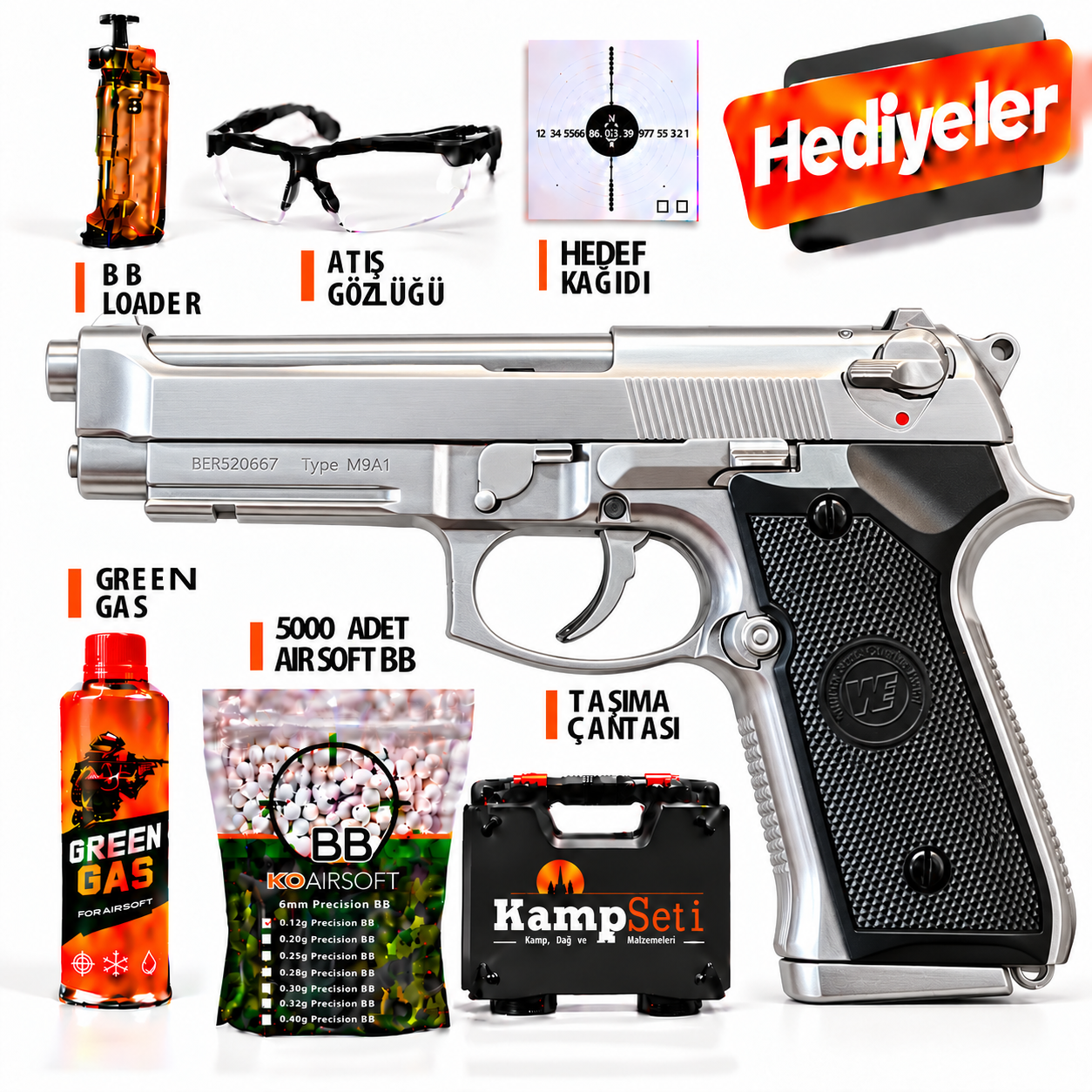 We Beretta M9a1 Raıl Silver Full Auto Gbb Airsoft Tabanca