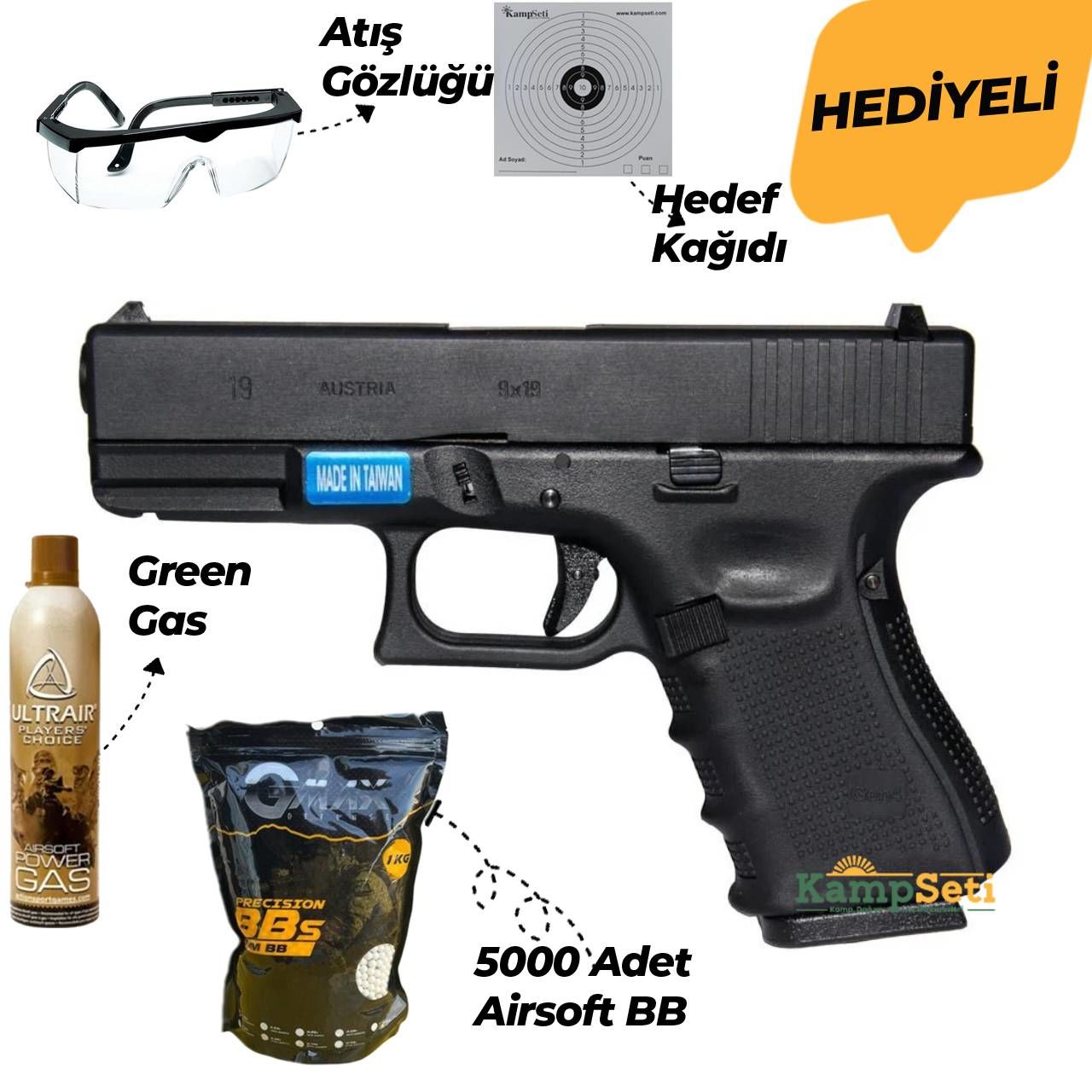 WE Glock 19 GEN4 GreenGaslı Blowbackli Airsoft Tabanca 6mm - Kamp Seti