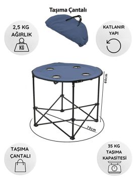 KampSeti Yuvarlak Katlanır Kamp Masası-Taşıma Çantalı Piknik Masası(70 X 60 Cm) Lacivert