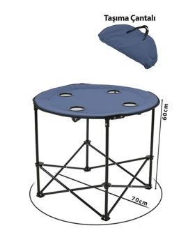 KampSeti Yuvarlak Katlanır Kamp Masası-Taşıma Çantalı Piknik Masası(70 X 60 Cm) Lacivert