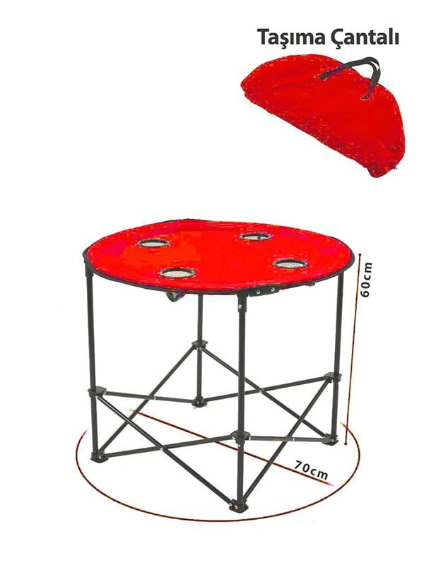 KampSeti Yuvarlak Katlanır Kamp Masası-Taşıma Çantalı Piknik Masası(70 X 60 Cm) Kırmızı
