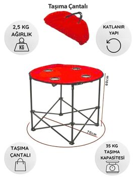 KampSeti Yuvarlak Katlanır Kamp Masası-Taşıma Çantalı Piknik Masası(70 X 60 Cm) Kırmızı
