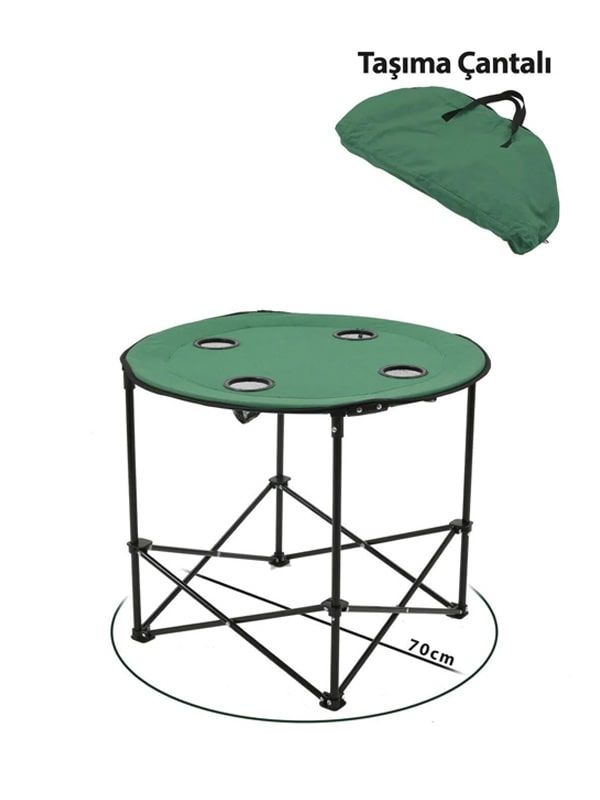 KampSeti Yuvarlak Katlanır Kamp Masası-Taşıma Çantalı Piknik Masası(70 X 60 Cm) Yeşil