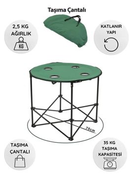 KampSeti Yuvarlak Katlanır Kamp Masası-Taşıma Çantalı Piknik Masası(70 X 60 Cm) Yeşil