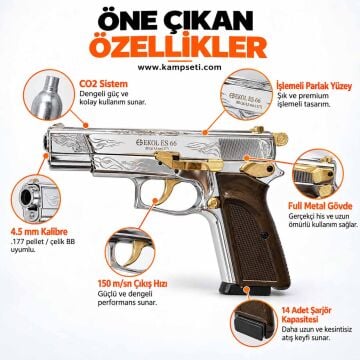 EKOL ES 66 Havalı Tabanca İşlemeli Parlak Beyaz - 4.5 mm